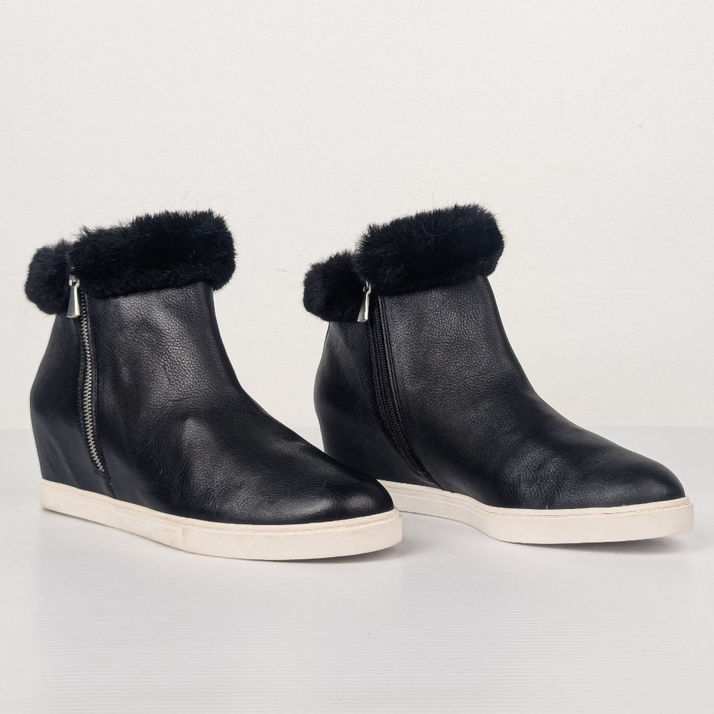 Linea Paolo Women Faux Fur Leather Cuff Zip Black Wedge Wide Sneakers 12